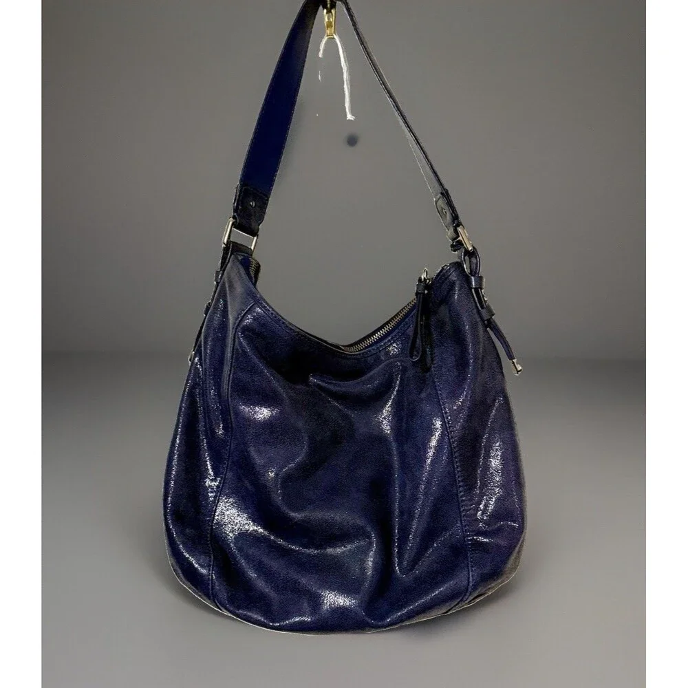VTG Cole Haan Blue Crackle Patent Leather Slouchy Hobo Handbag Silver/ Gold Zip